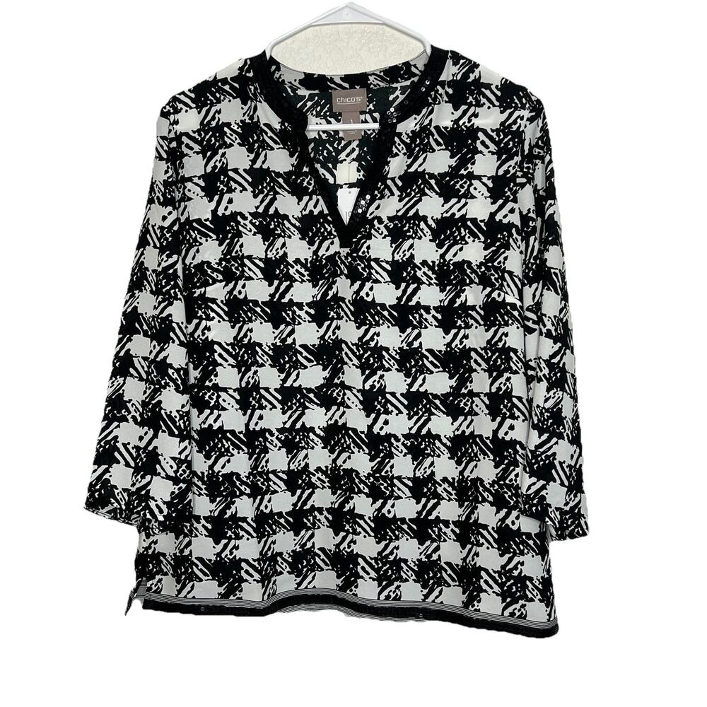 Chicos size 1 Medium Houndstooth Sequin 3/4 Sleeve Black White Blouse Top New R1